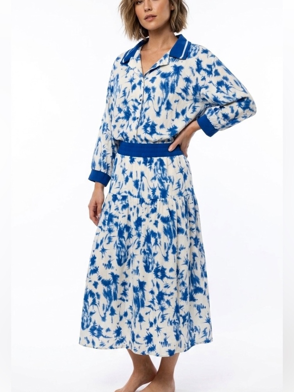 PATAPOUF Vintage 2pc Button Down Top Skirt Set Abstract Blue White Medium Large